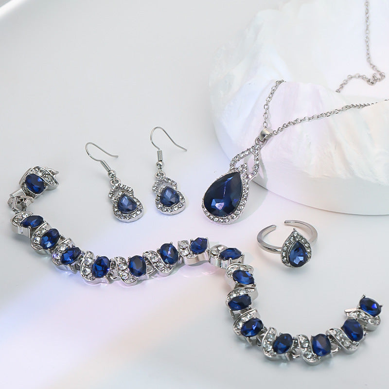 Women’s Square Pendant Jewelry Set – Necklace, Bracelet, Ring & Earrings