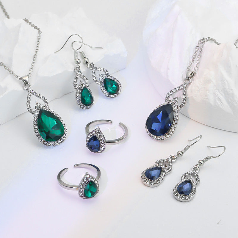 Women’s Square Pendant Jewelry Set – Necklace, Bracelet, Ring & Earrings