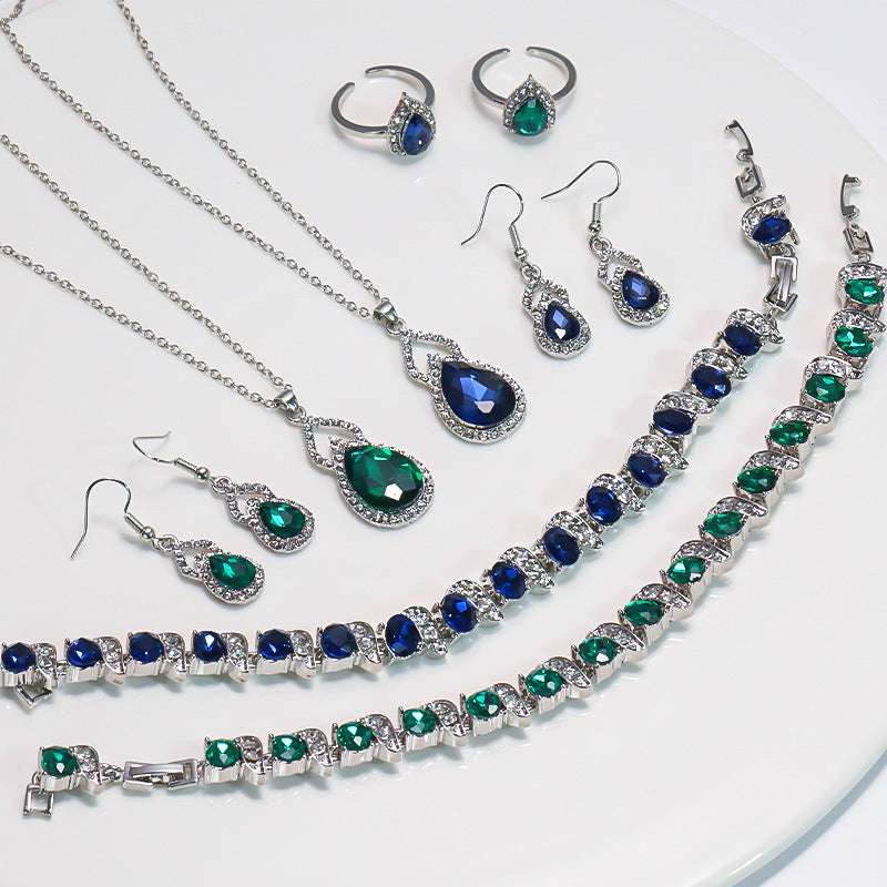 Women’s Square Pendant Jewelry Set – Necklace, Bracelet, Ring & Earrings