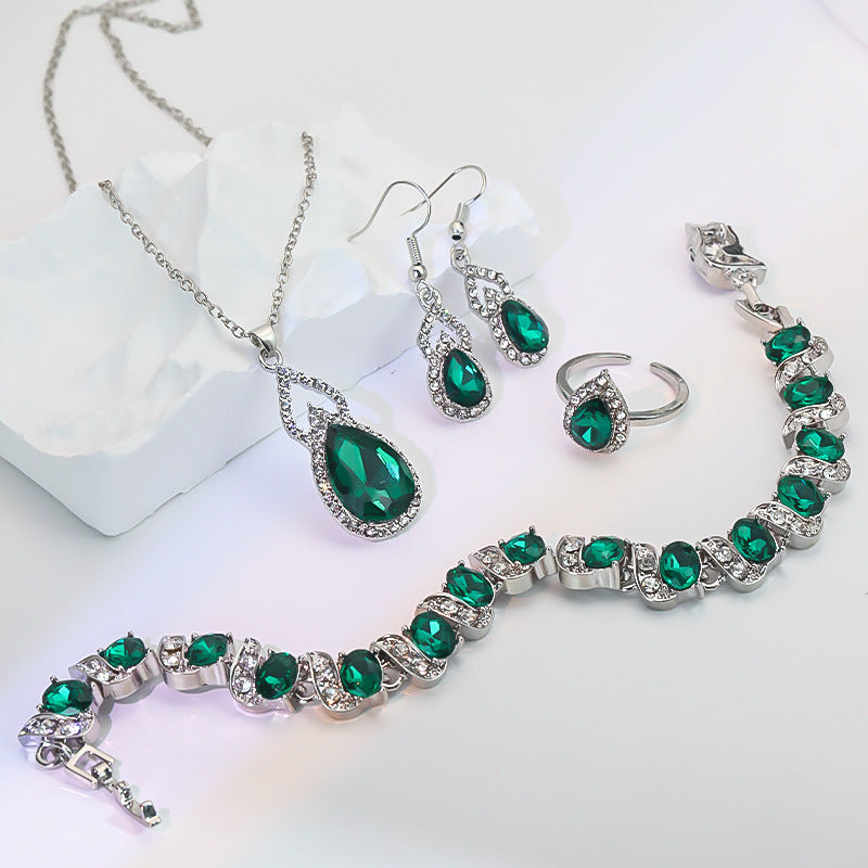 Women’s Square Pendant Jewelry Set – Necklace, Bracelet, Ring & Earrings