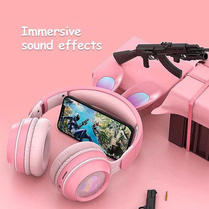RGB Bunny Ear Wireless Bluetooth Headphones – Stereo Headset with Mic, SD Card & Foldable Design
