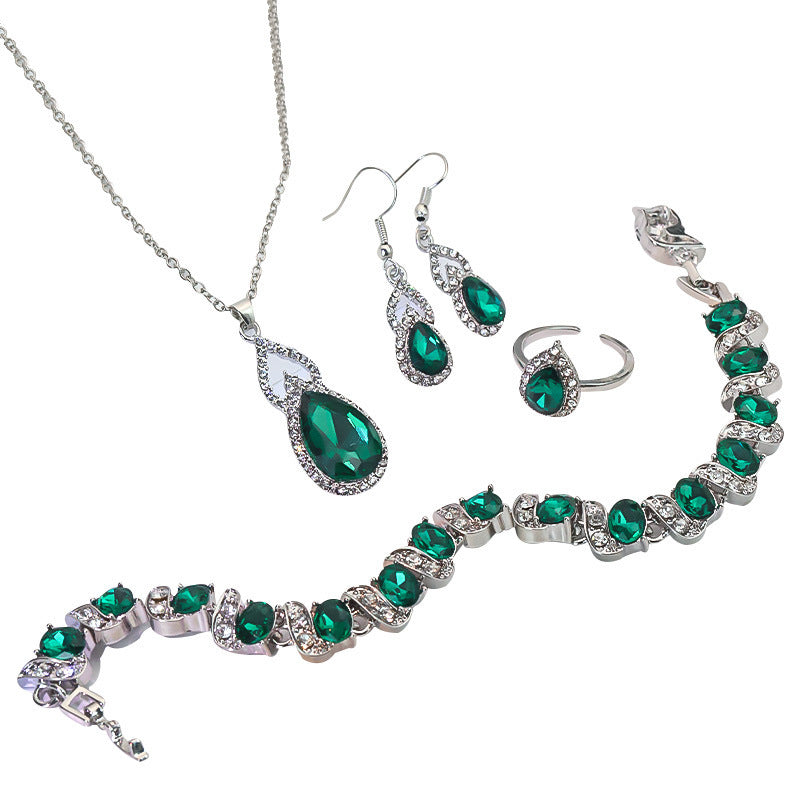 Women’s Square Pendant Jewelry Set – Necklace, Bracelet, Ring & Earrings