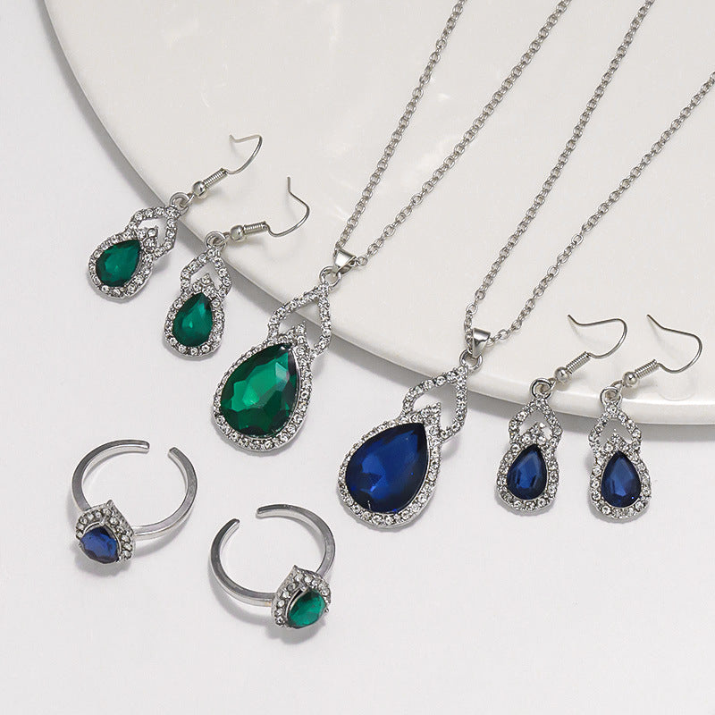 Women’s Square Pendant Jewelry Set – Necklace, Bracelet, Ring & Earrings