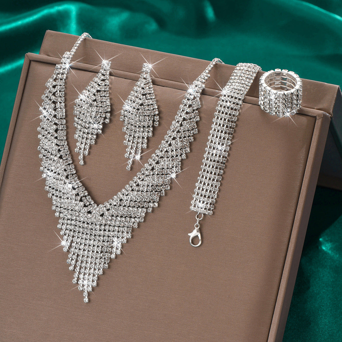 Women’s Rhinestone Jewelry Set – Necklace, Earrings, Bracelet & Ring