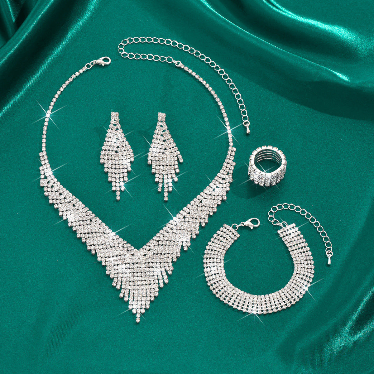 Women’s Rhinestone Jewelry Set – Necklace, Earrings, Bracelet & Ring