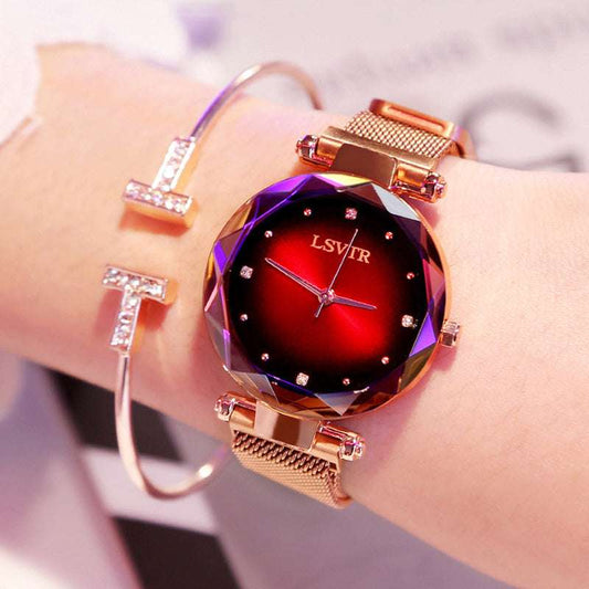 Women’s Fashion Quartz Watch – Creative Magnet Strap, Floral Cut Mirror Design