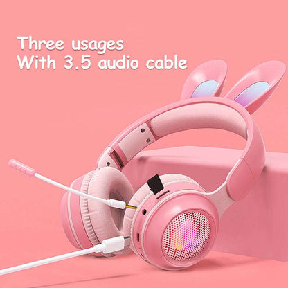 RGB Bunny Ear Wireless Bluetooth Headphones – Stereo Headset with Mic, SD Card & Foldable Design