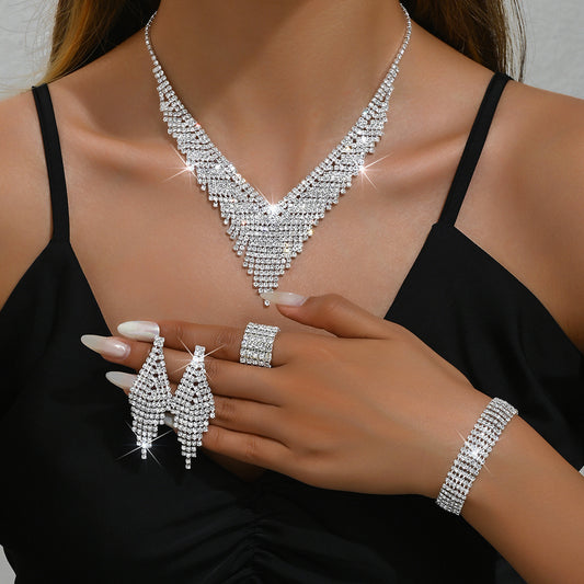 Women’s Rhinestone Jewelry Set – Necklace, Earrings, Bracelet & Ring