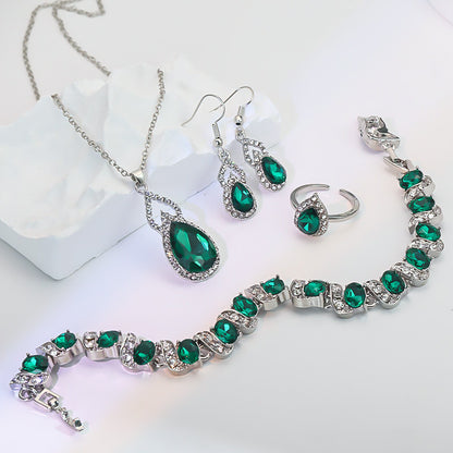 Women’s Square Pendant Jewelry Set – Necklace, Bracelet, Ring & Earrings