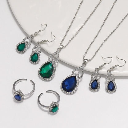 Women’s Square Pendant Jewelry Set – Necklace, Bracelet, Ring & Earrings